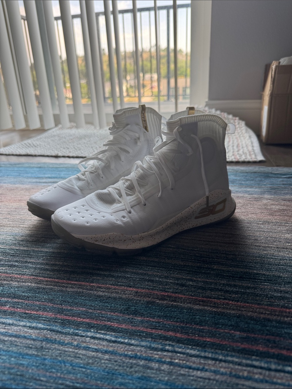 Curry 4 Retro Under Armour White and Gold High-Top Basketball Shoes